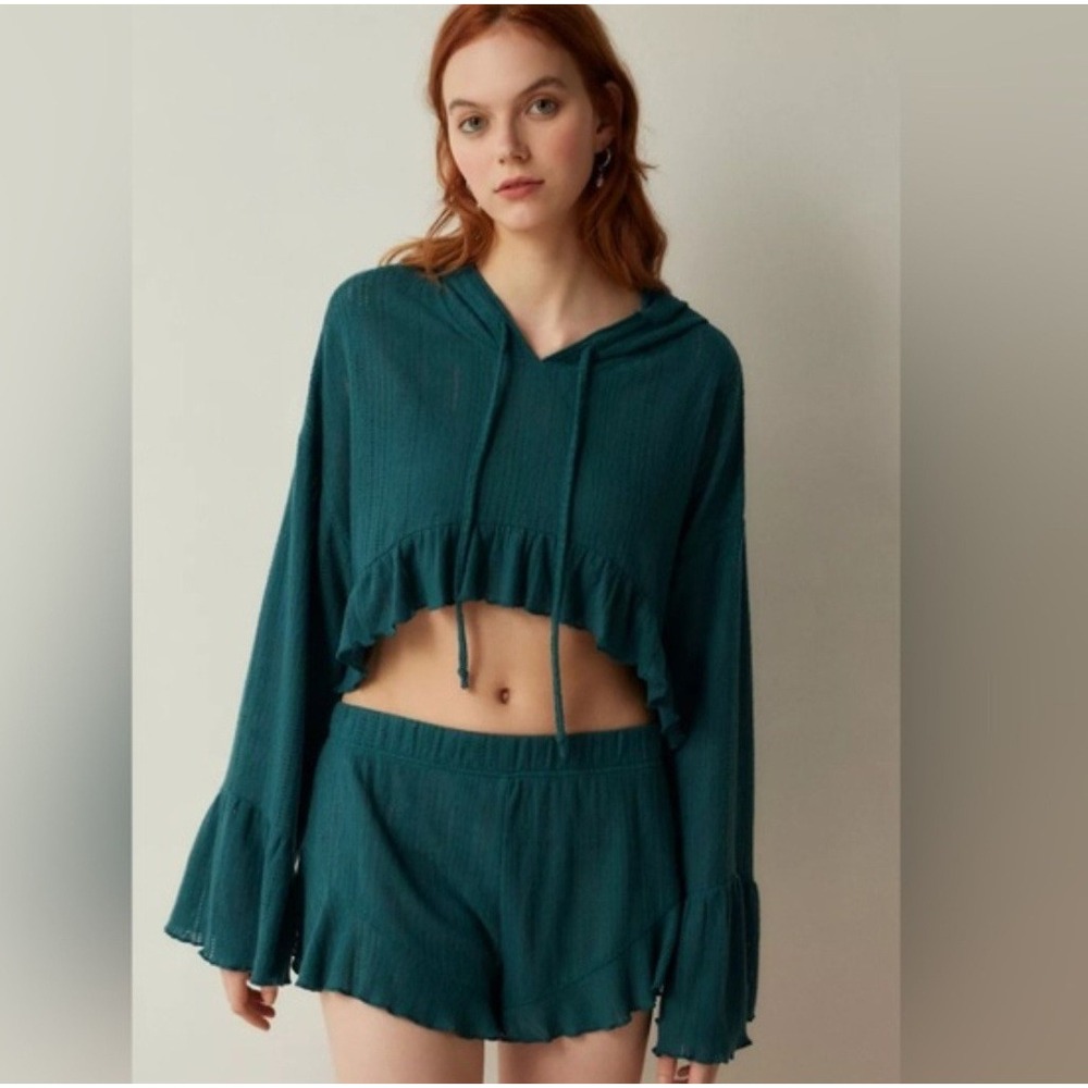 UO From Under Lizzie Teal green Pointelle Ruffle Cropped Hoodie Top S NWT boho
